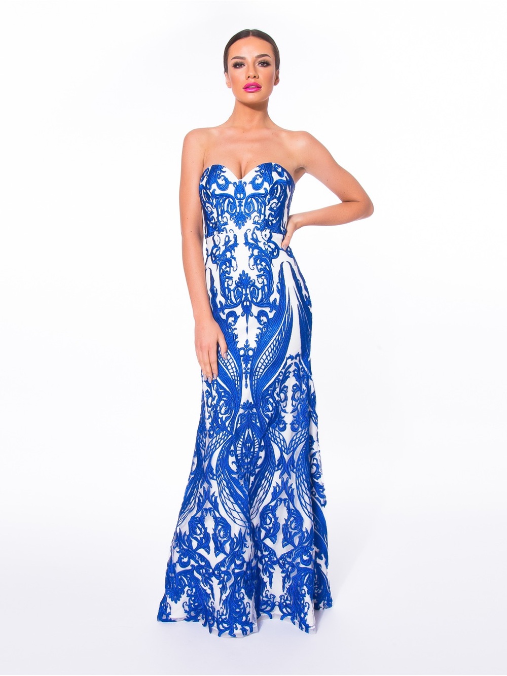 Forever Unique Strapless White Gown with Blue Baroque Print